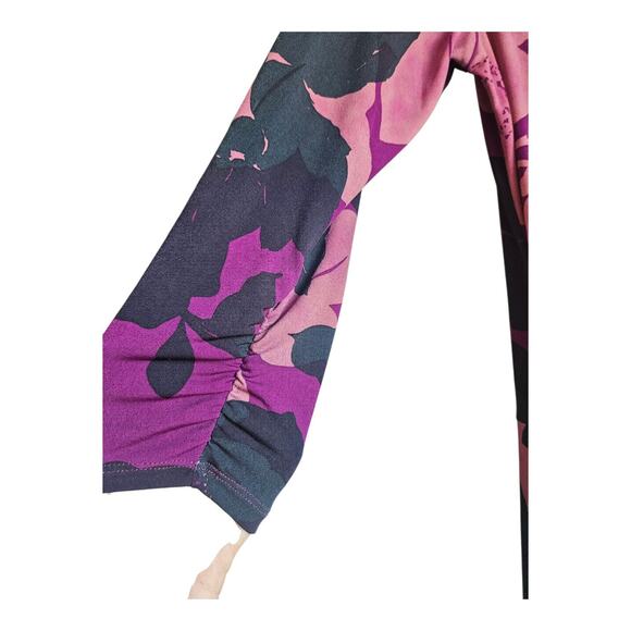 Cabi Dress LG Purple Black Floral Print Faux Wrap Midi Stretch 3/4 Sleeve V-Neck - Picture 5 of 10